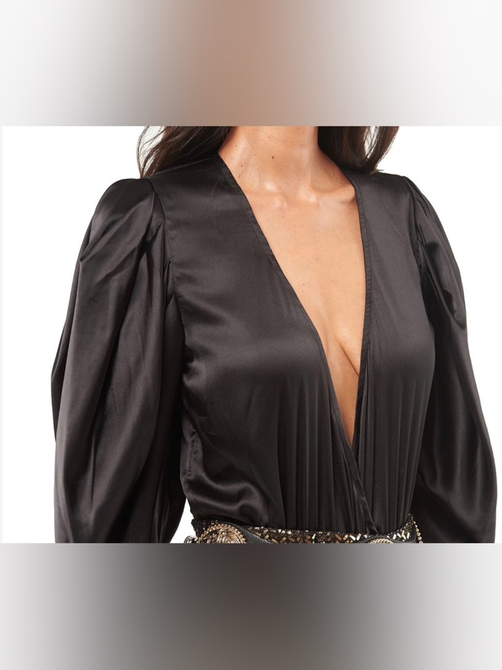 Black Draped V-Neck Long Sleeve Bodysuit